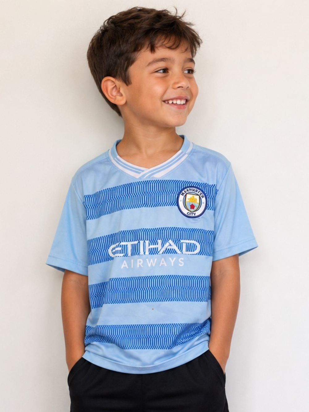 Manchester City FC Kids Soccer Jersey Light Blue Etihad Airways Size 6
